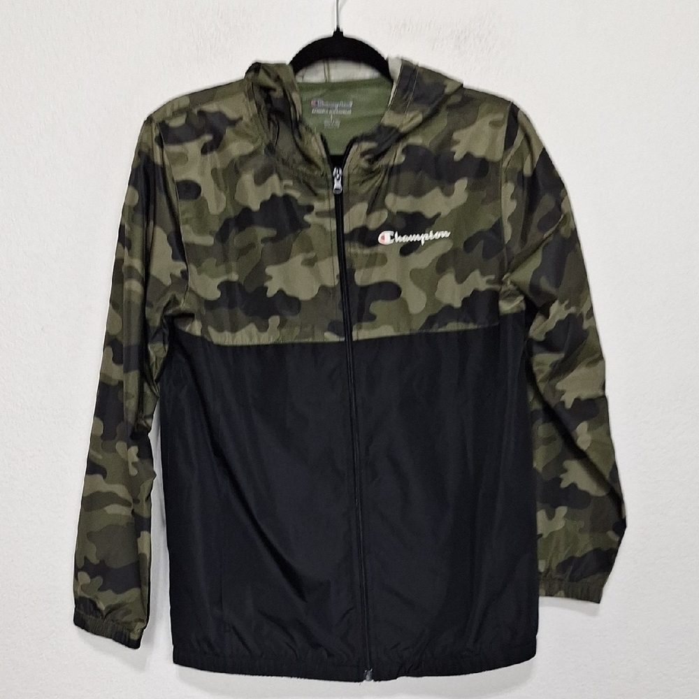 Champion Kids Green Black Camouflage Outdoor Full Zip Hooded Jacket Size L